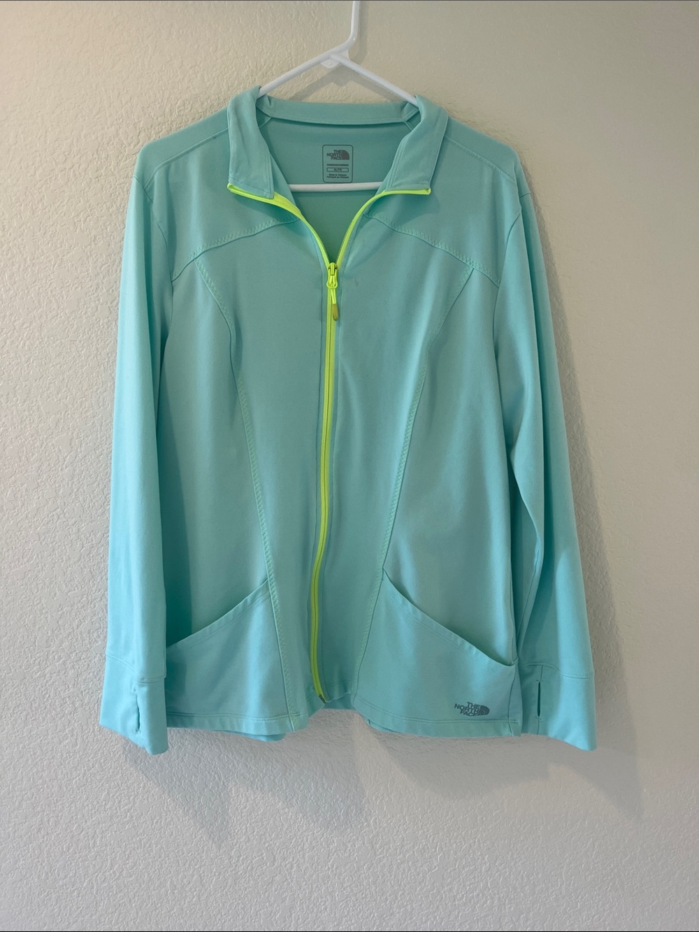 The North Face Women's Mint Green Utility Jacket with Neon Yellow Zipper, XL